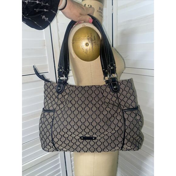 NINE WEST NINE & CO Purse Tote Black Gray Pattern Canvas Double Top Handle - Picture 2 of 9